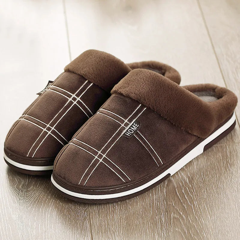 Men's slippers with check stitching, a plush collar and open back - brown
