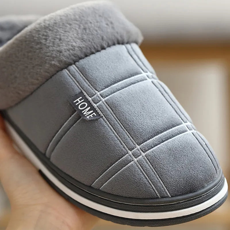 Men's slippers with check stitching, a plush collar and open back - view 7