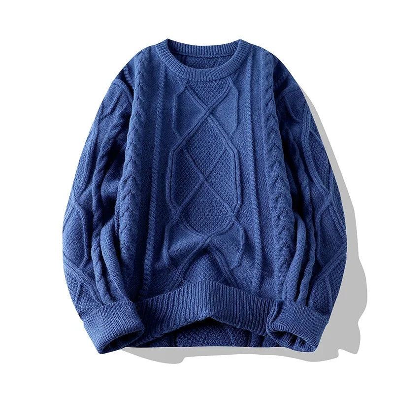 Men's chunky cable knit jumper with a crew neck and a diamond motif at the centre - cobalt blue
