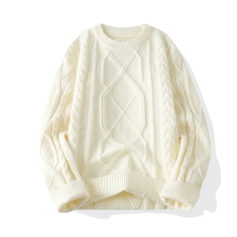 Men's chunky cable knit jumper with a crew neck and a diamond motif at the centre - ecru