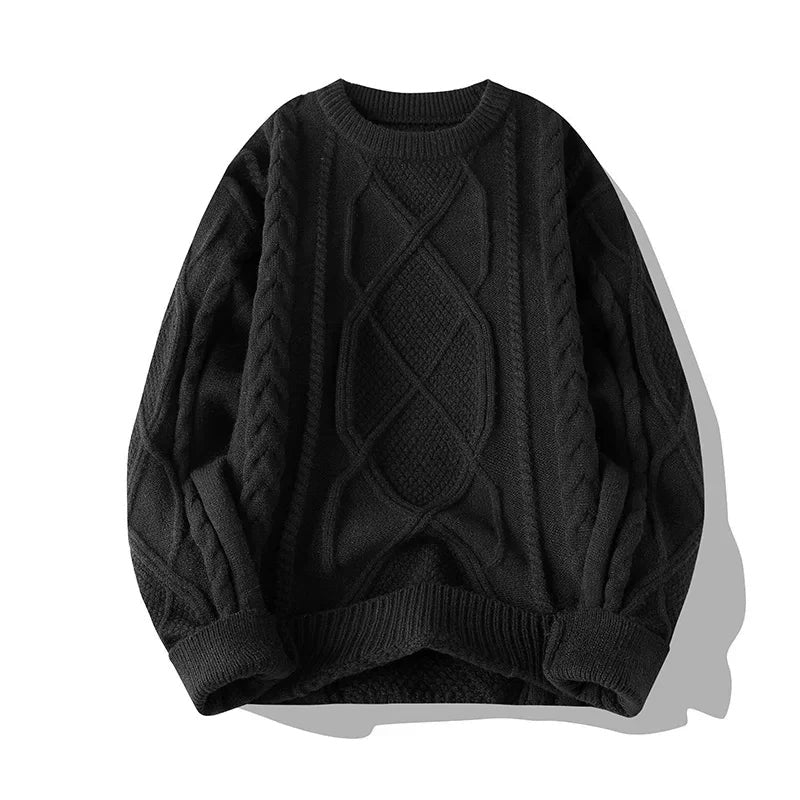 Men's chunky cable knit jumper with a crew neck and a diamond motif at the centre - black
