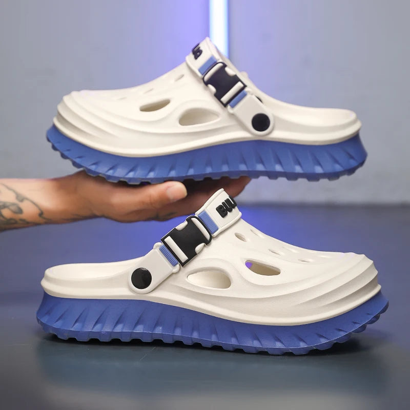 EVA clogs with a high sole, closed toe, vent holes and buckle heel strap - white / blue sole