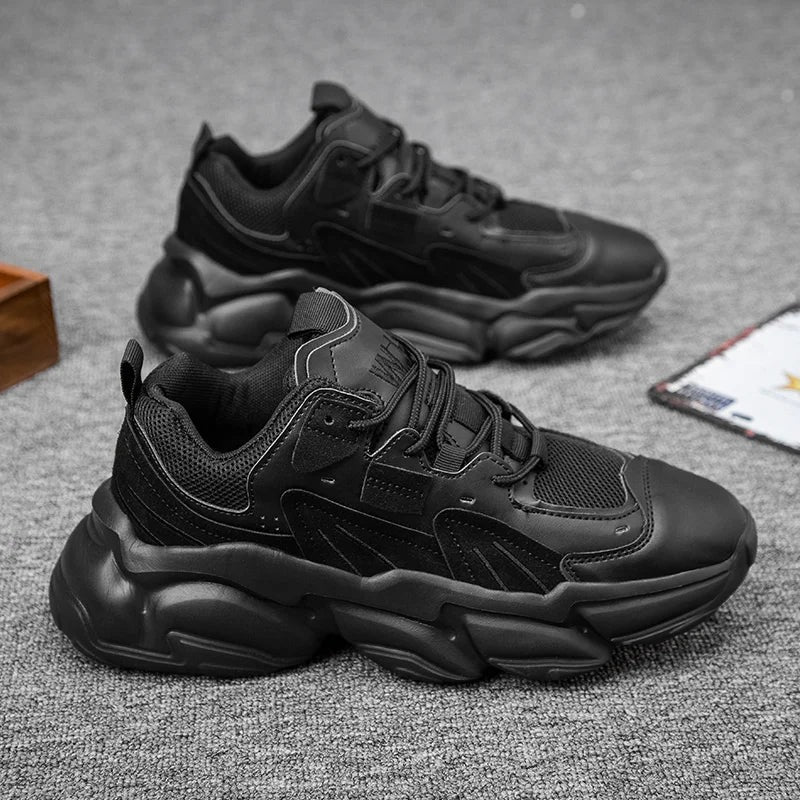 Men's chunky trainers with mesh, faux leather and suede-look panels and a thick layered sole - black