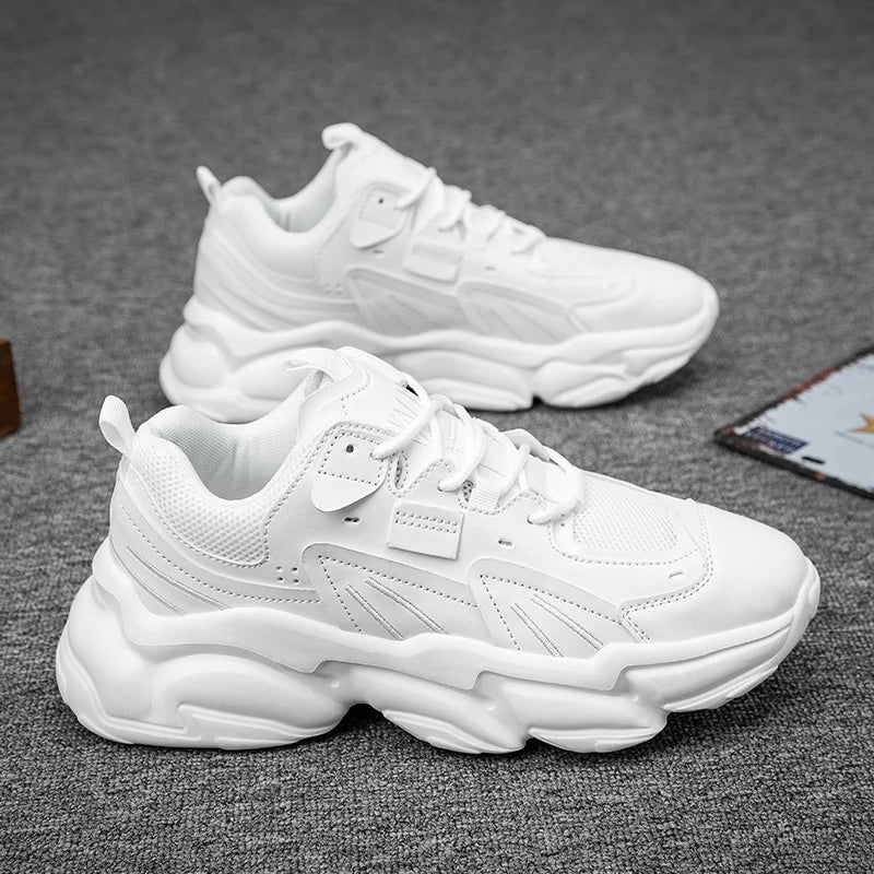 Men's chunky trainers with mesh, faux leather and suede-look panels and a thick layered sole - white