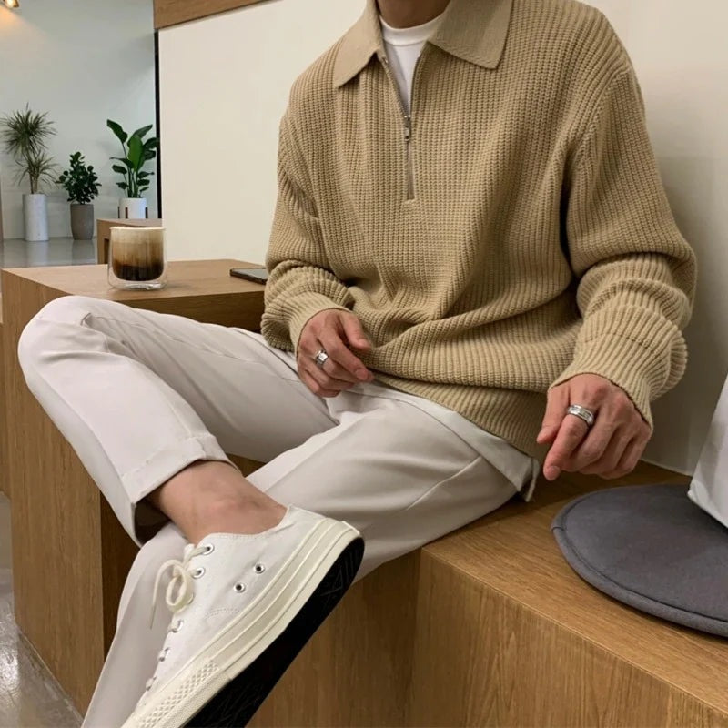 Men's chunky rib knit jumper with a polo collar and short zip - view 2