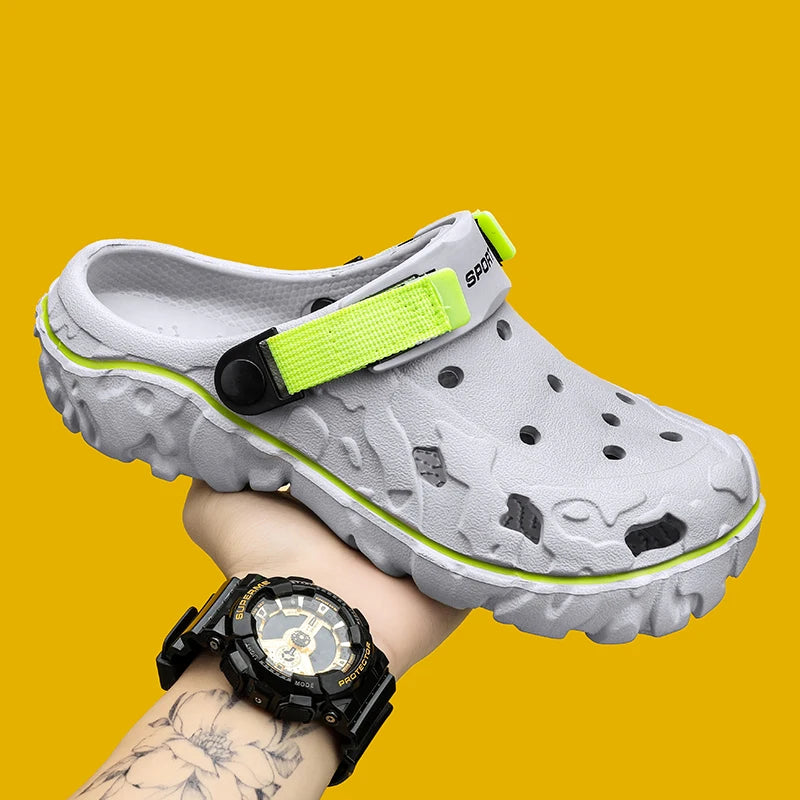 Men's EVA clogs with vent holes, side cut-outs, chunky lug sole and pivoting heel strap - light grey