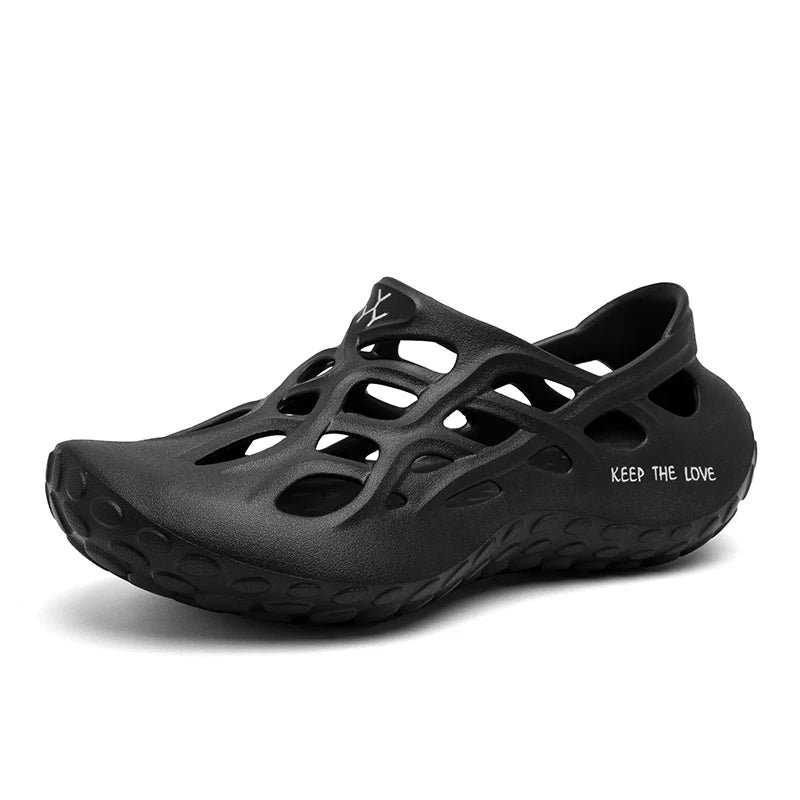Men's EVA clogs with lattice cut-outs across the instep, closed heel and thick knobbly sole - black