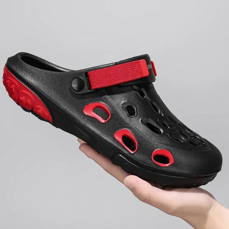 Men's EVA clogs with vent holes in the toe, thick two-tone sole and hook-and-loop heel strap - black/red