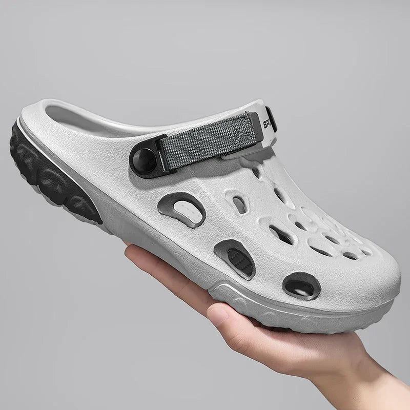 Men's EVA clogs with vent holes in the toe, thick two-tone sole and hook-and-loop heel strap - light grey