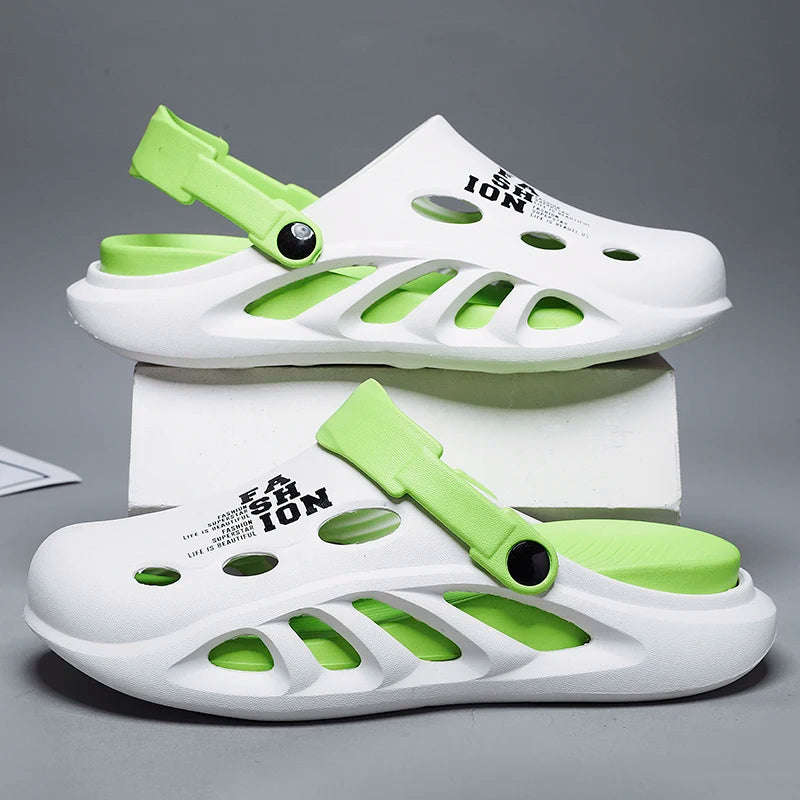 Men's EVA clogs with thick sole, side cut-outs and contrast heel strap - white/green