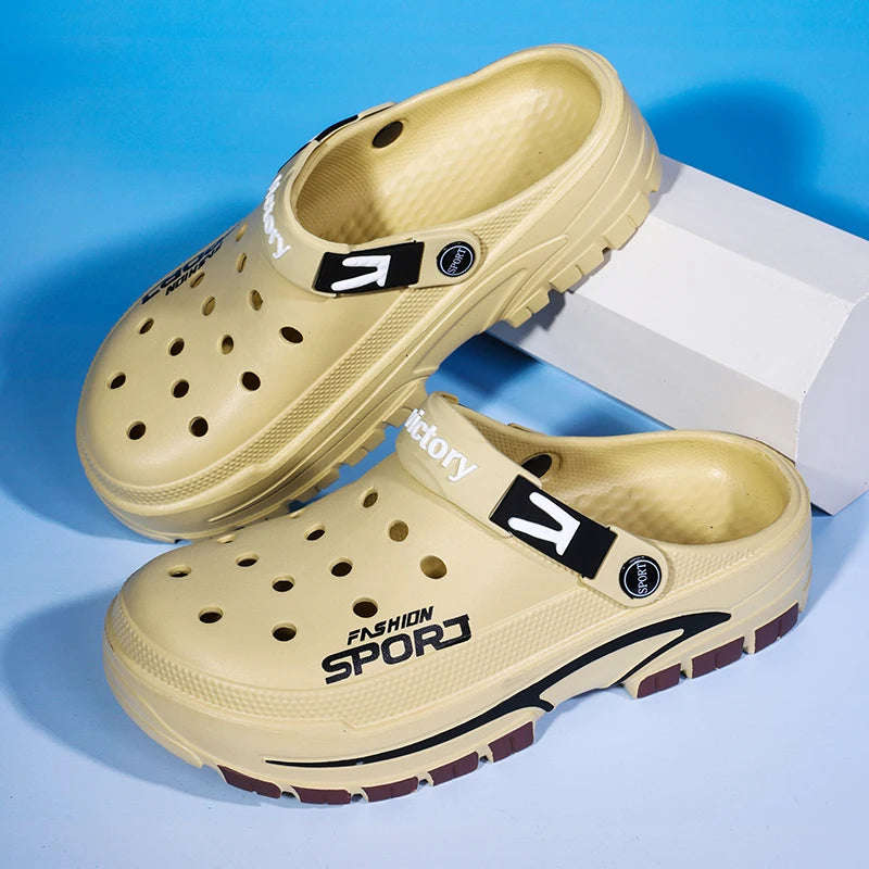 Men's EVA clogs with vent holes in the toe, heel strap and thick two-tone sole - khaki