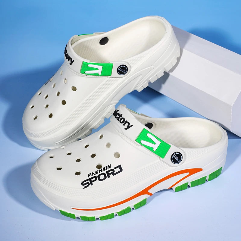 Men's EVA clogs with vent holes in the toe, heel strap and thick two-tone sole - white