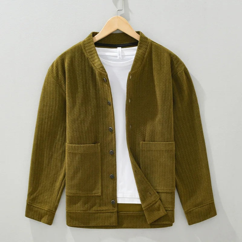 Men's collarless corduroy jacket with a button front and patch pockets - olive green