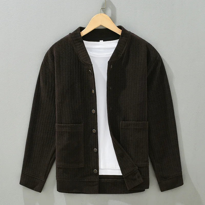 Men's collarless corduroy jacket with a button front and patch pockets - dark brown