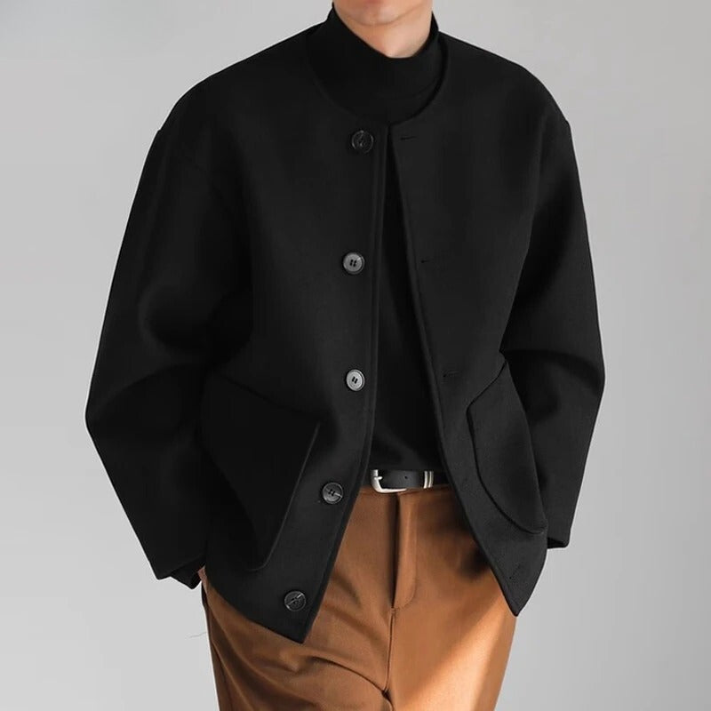 Men's collarless jacket with a round neck, button front and patch pockets - black