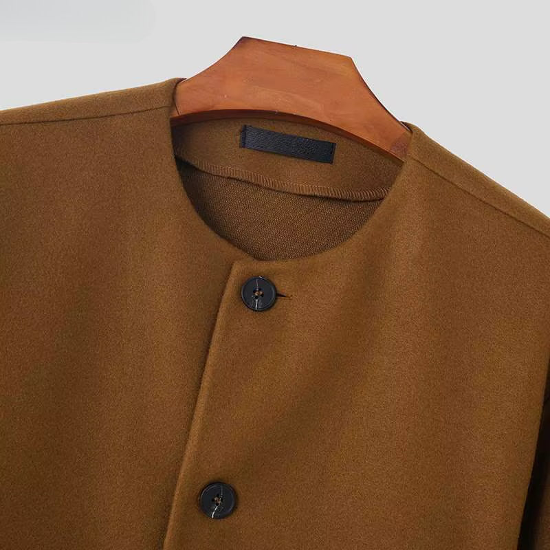 Men's collarless jacket with a round neck, button front and patch pockets - view 6