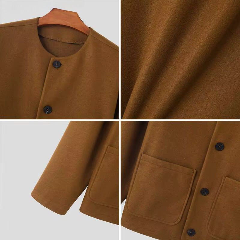 Men's collarless jacket with a round neck, button front and patch pockets - view 7