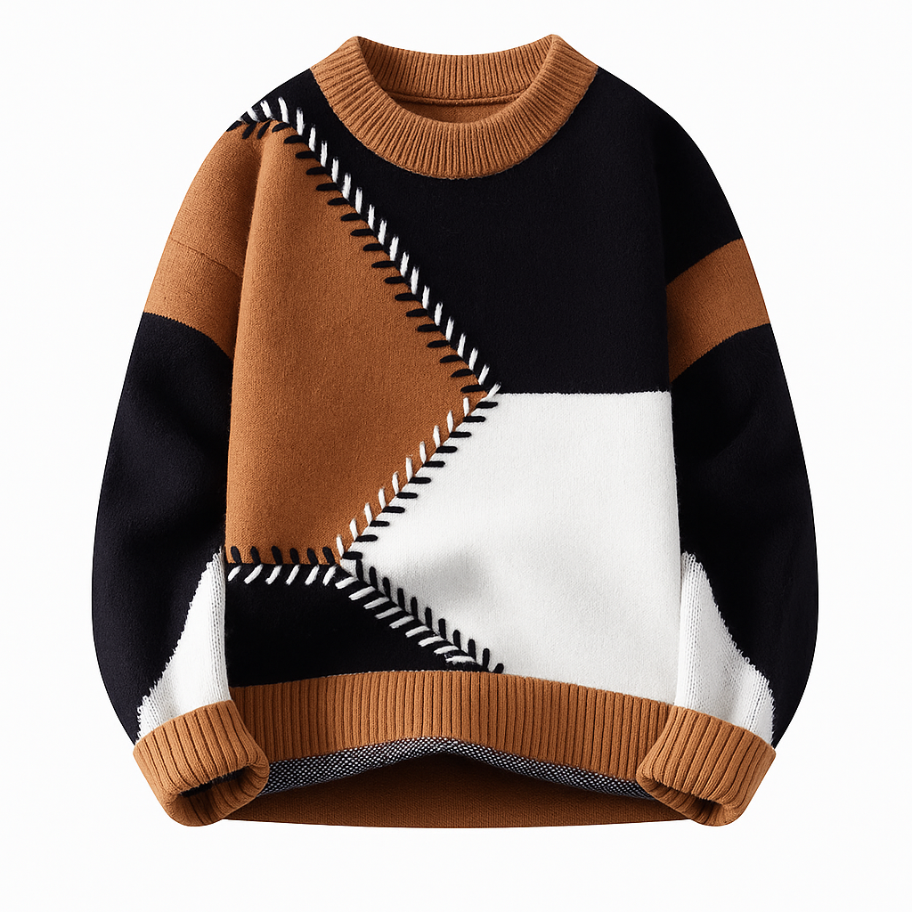 Men's colour block jumper with a crew neck and contrast zigzag stitching - brown