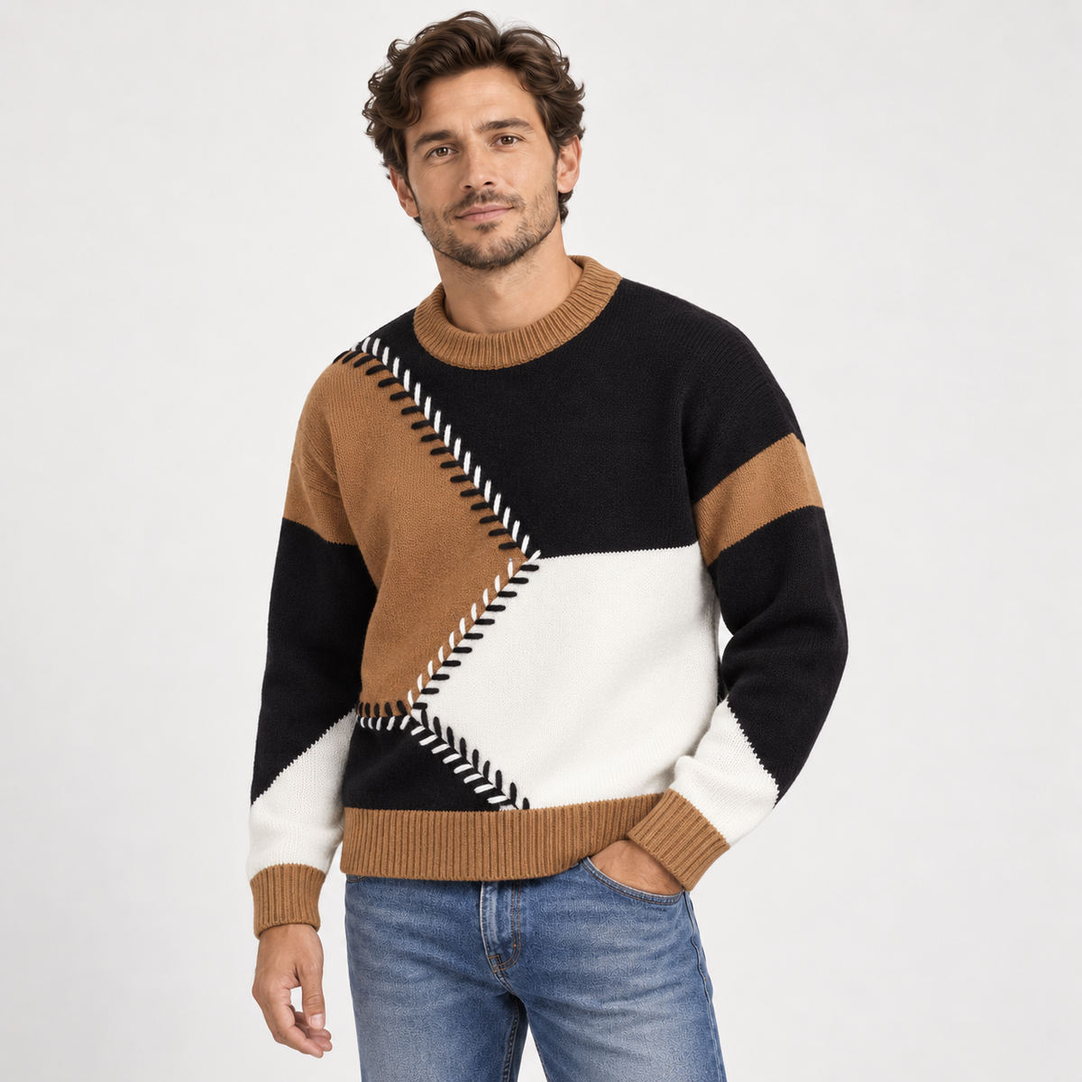 Men's colour block jumper with a crew neck and contrast zigzag stitching