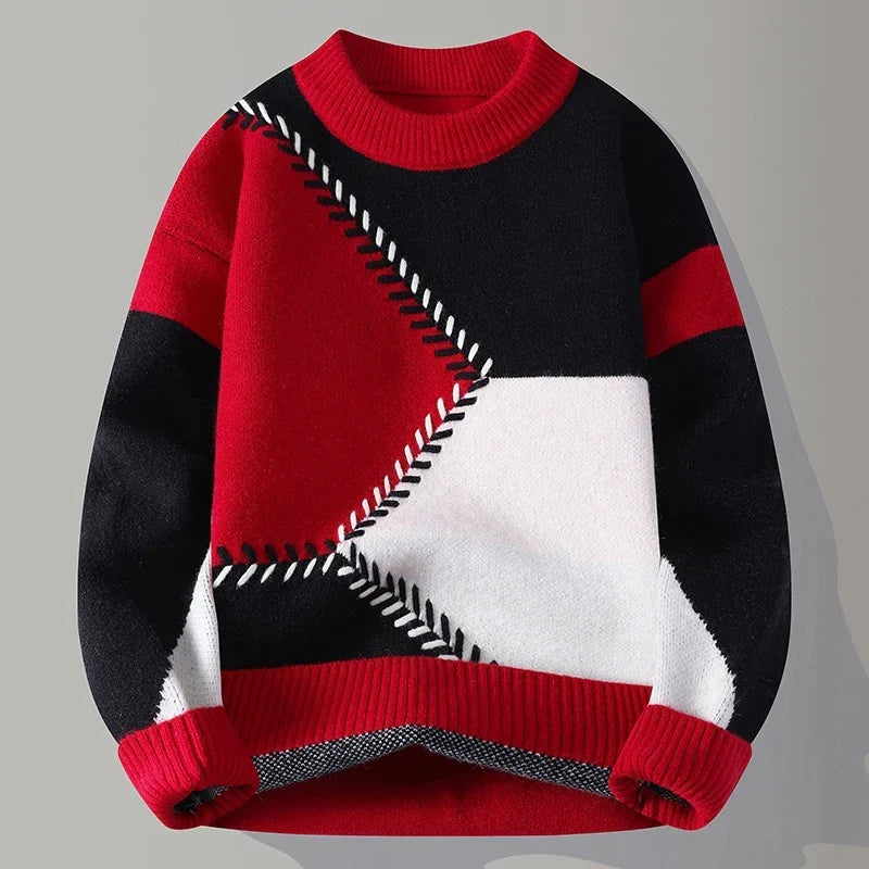 Men's colour block jumper with a crew neck and contrast zigzag stitching - red