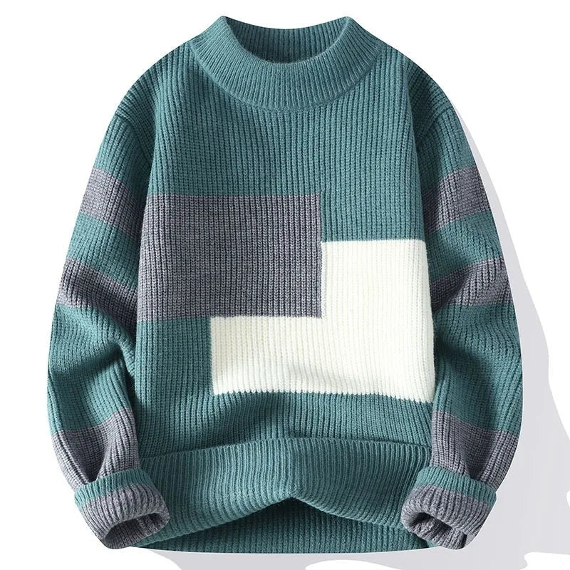 Men's colour block knit jumper with blocks on the chest and striped sleeves - teal