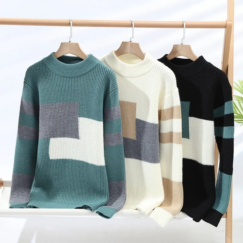 Men's colour block knit jumper with blocks on the chest and striped sleeves - view 4
