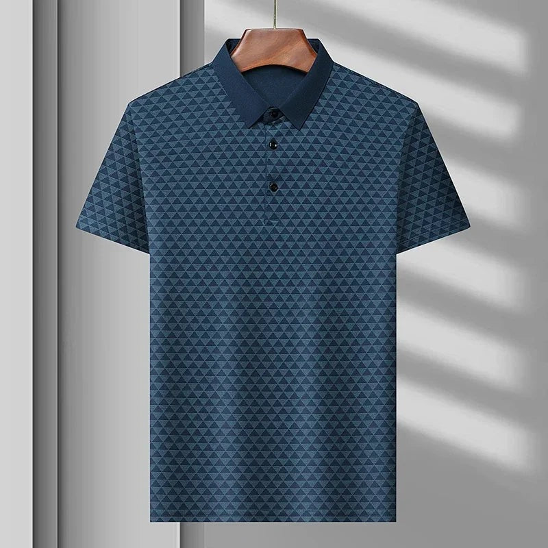 Men's polo shirt with a triangle pattern, plain collar and three buttons - petrol blue