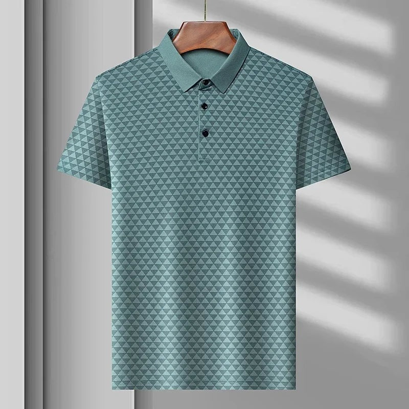 Men's polo shirt with a triangle pattern, plain collar and three buttons - mint green