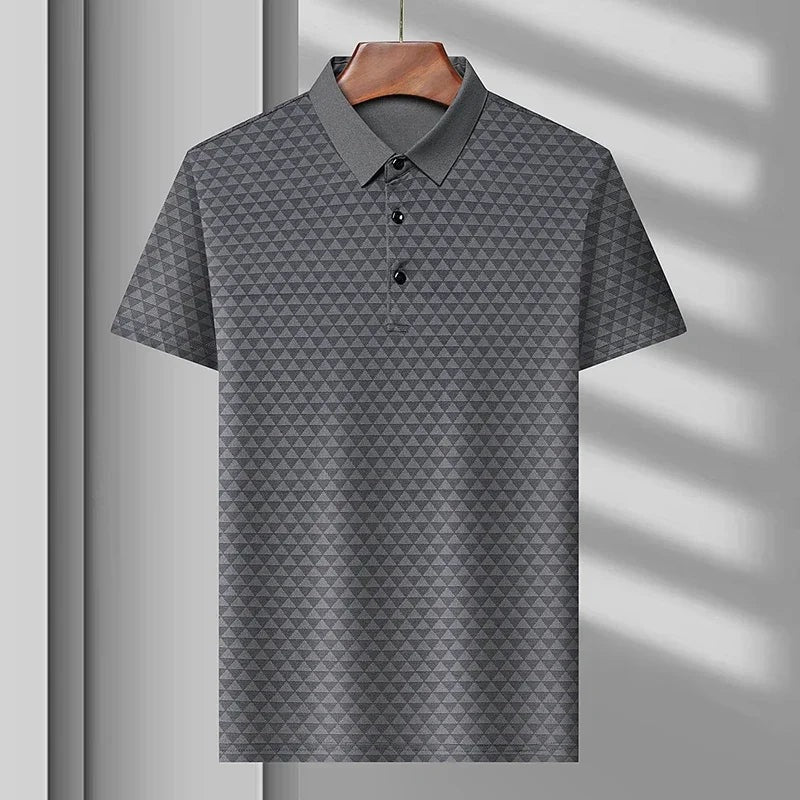 Men's polo shirt with a triangle pattern, plain collar and three buttons - grey