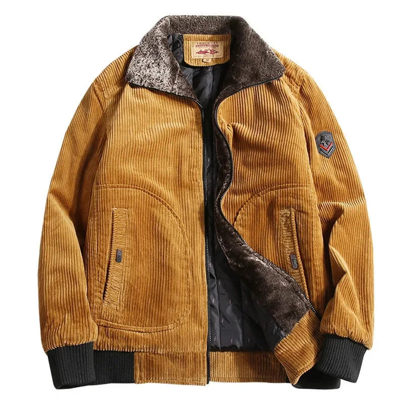 Men's corduroy jacket with a faux fur collar, quilted lining, zip and ribbed cuffs - camel