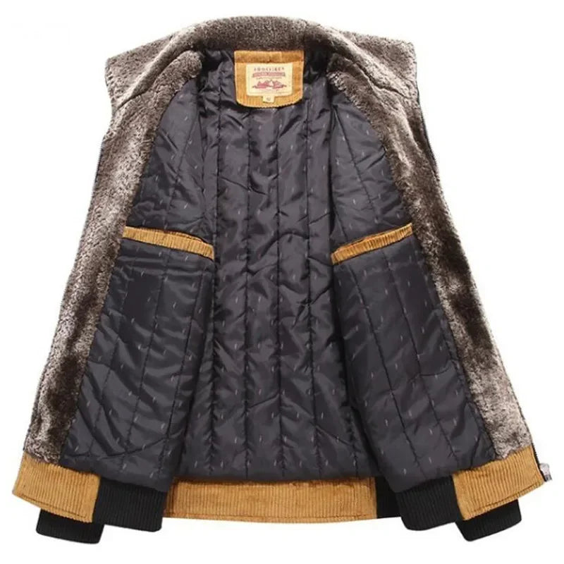 Men's corduroy jacket with a faux fur collar, quilted lining, zip and ribbed cuffs