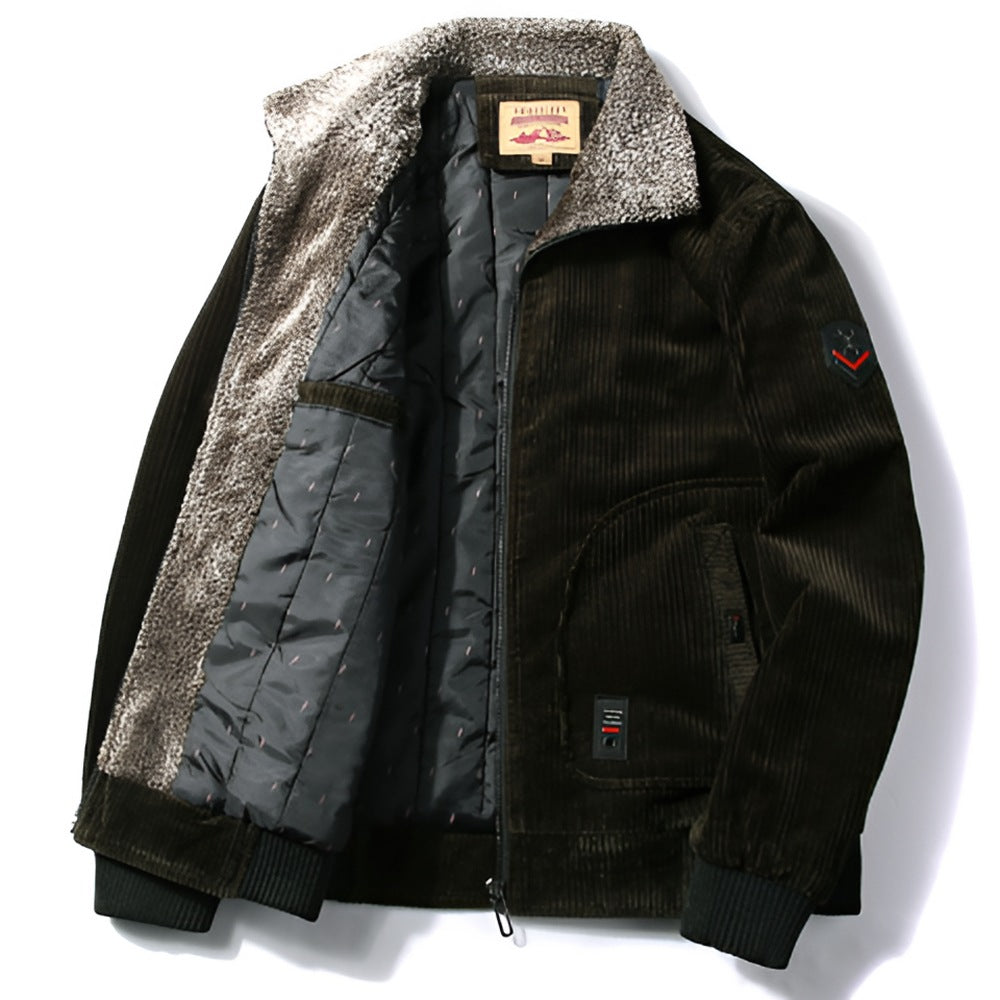 Men's corduroy jacket with a faux fur collar, quilted lining, zip and ribbed cuffs - dark olive