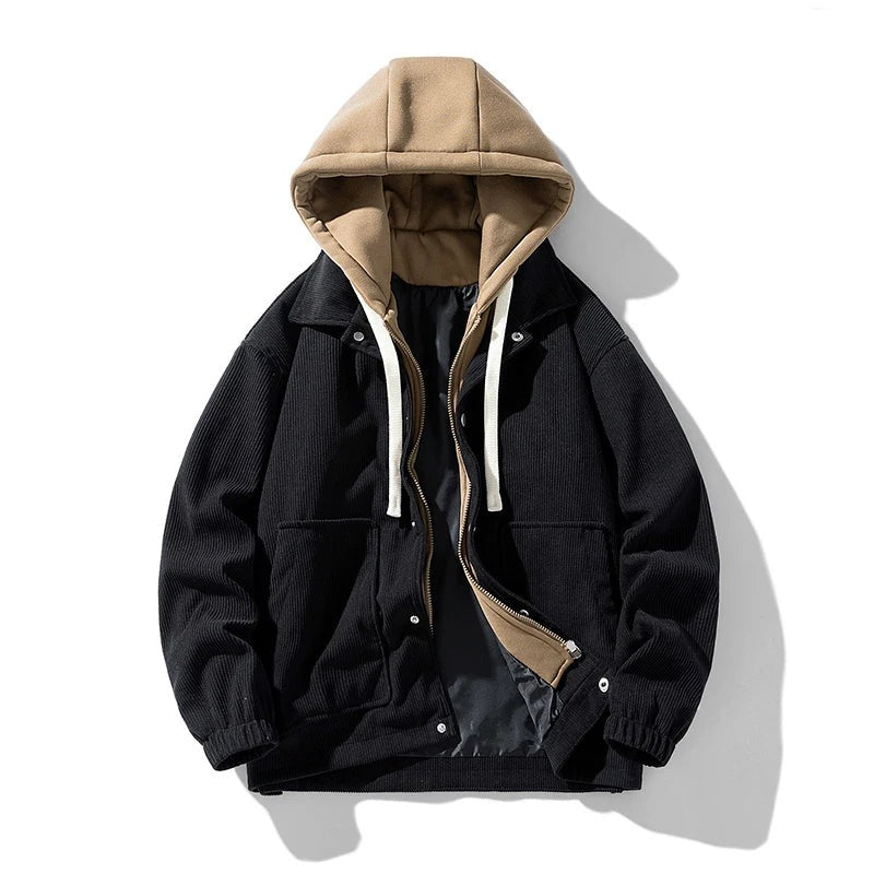 Men's corduroy jacket with a hooded insert and patch pockets - black