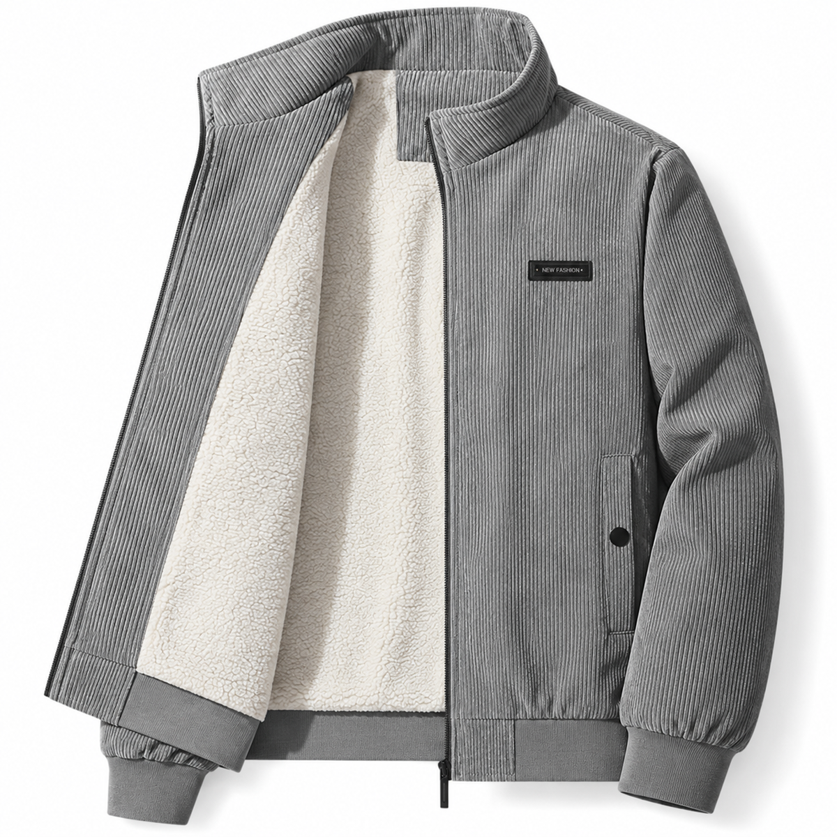 Men's corduroy jacket with a teddy lining and stand collar - grey