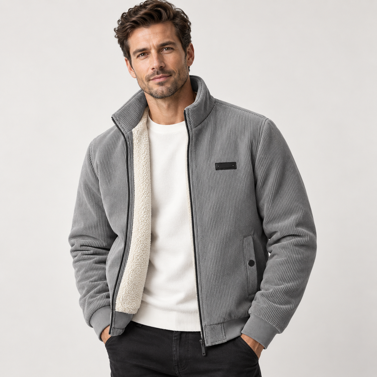 Men's corduroy jacket with a teddy lining and stand collar