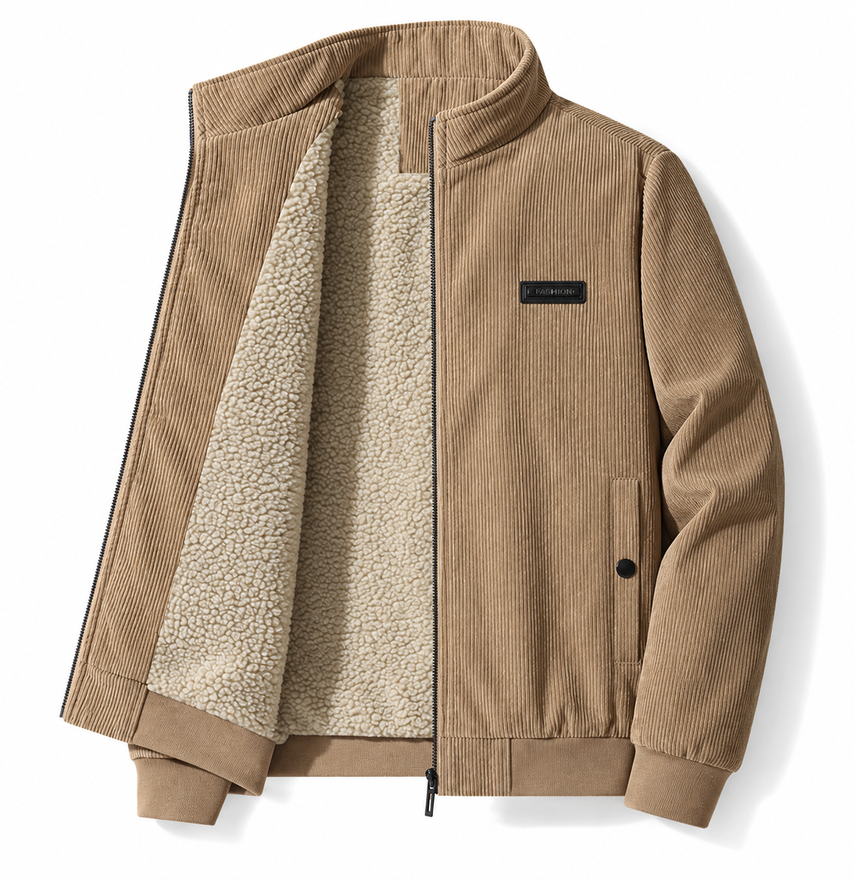 Men's corduroy jacket with a teddy lining and stand collar - tan