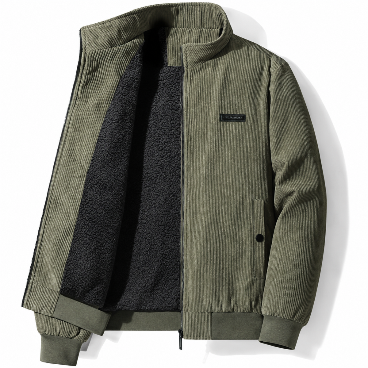 Men's corduroy jacket with a teddy lining and stand collar - olive