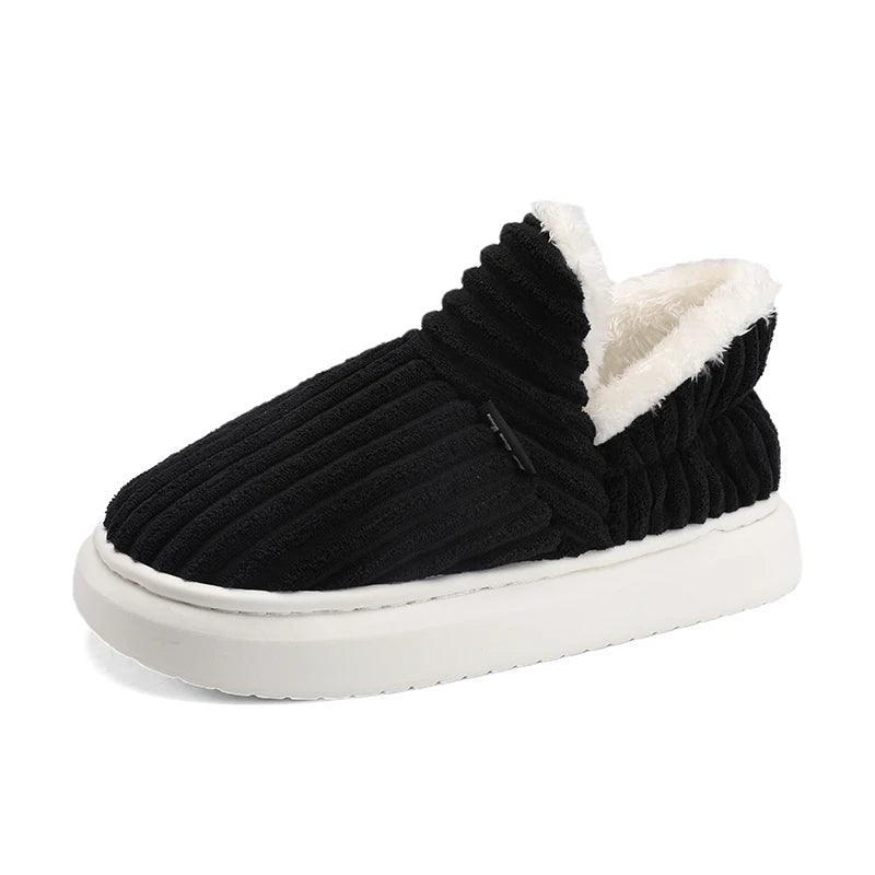 Men's wide-rib corduroy slippers with a plush trim and a thick sole - black
