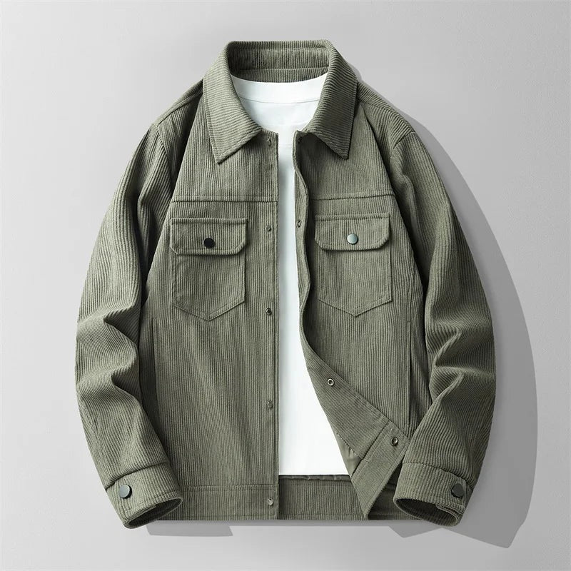Men's corduroy trucker jacket with a shirt collar and flap pockets - olive green