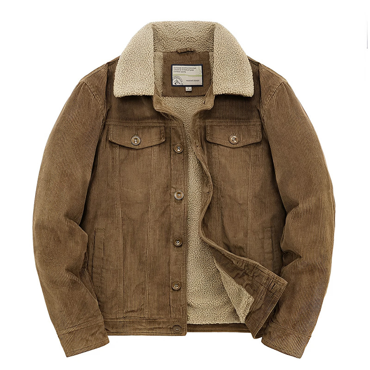 Men's corduroy trucker jacket with sherpa lining in camel