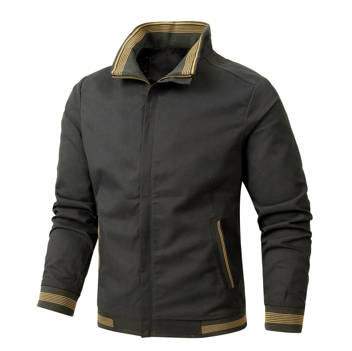 Men's cotton jacket with a stand collar and striped trims - dark olive