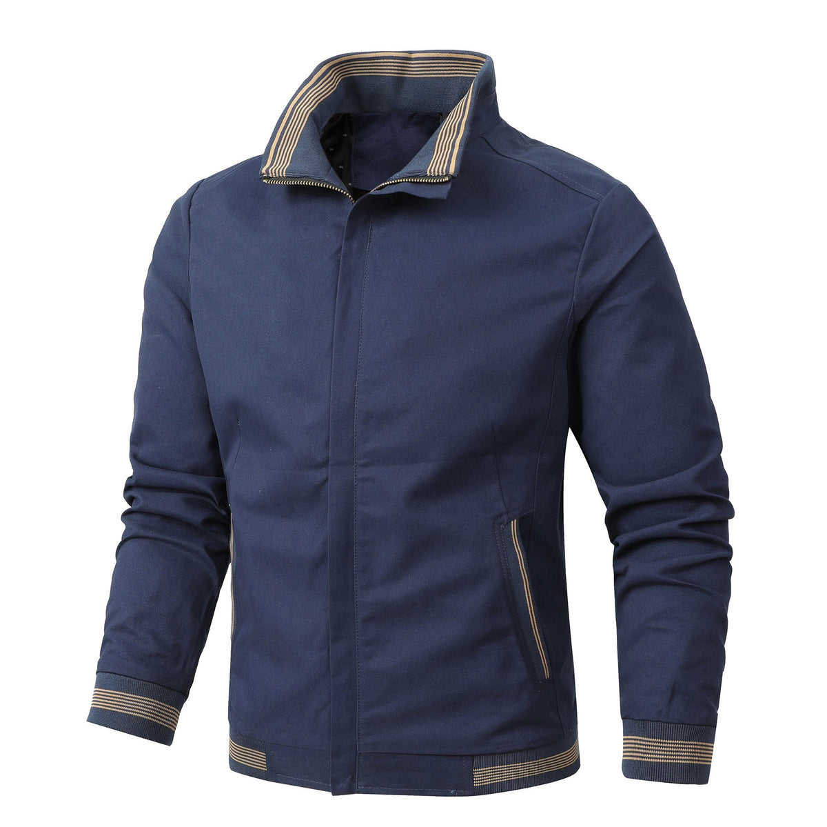 Men's cotton jacket with a stand collar and striped trims - navy