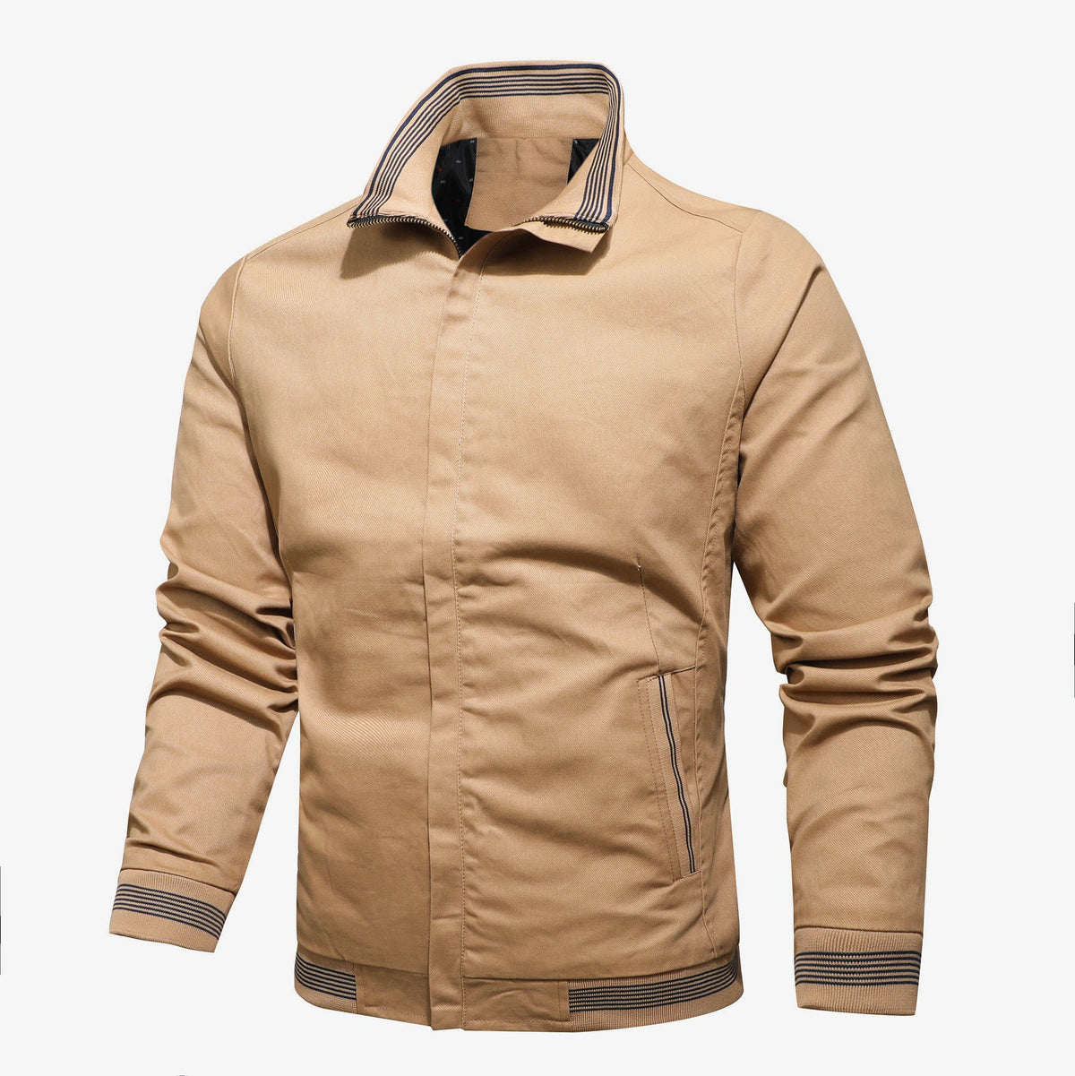 Men's cotton jacket with a stand collar and striped trims - beige