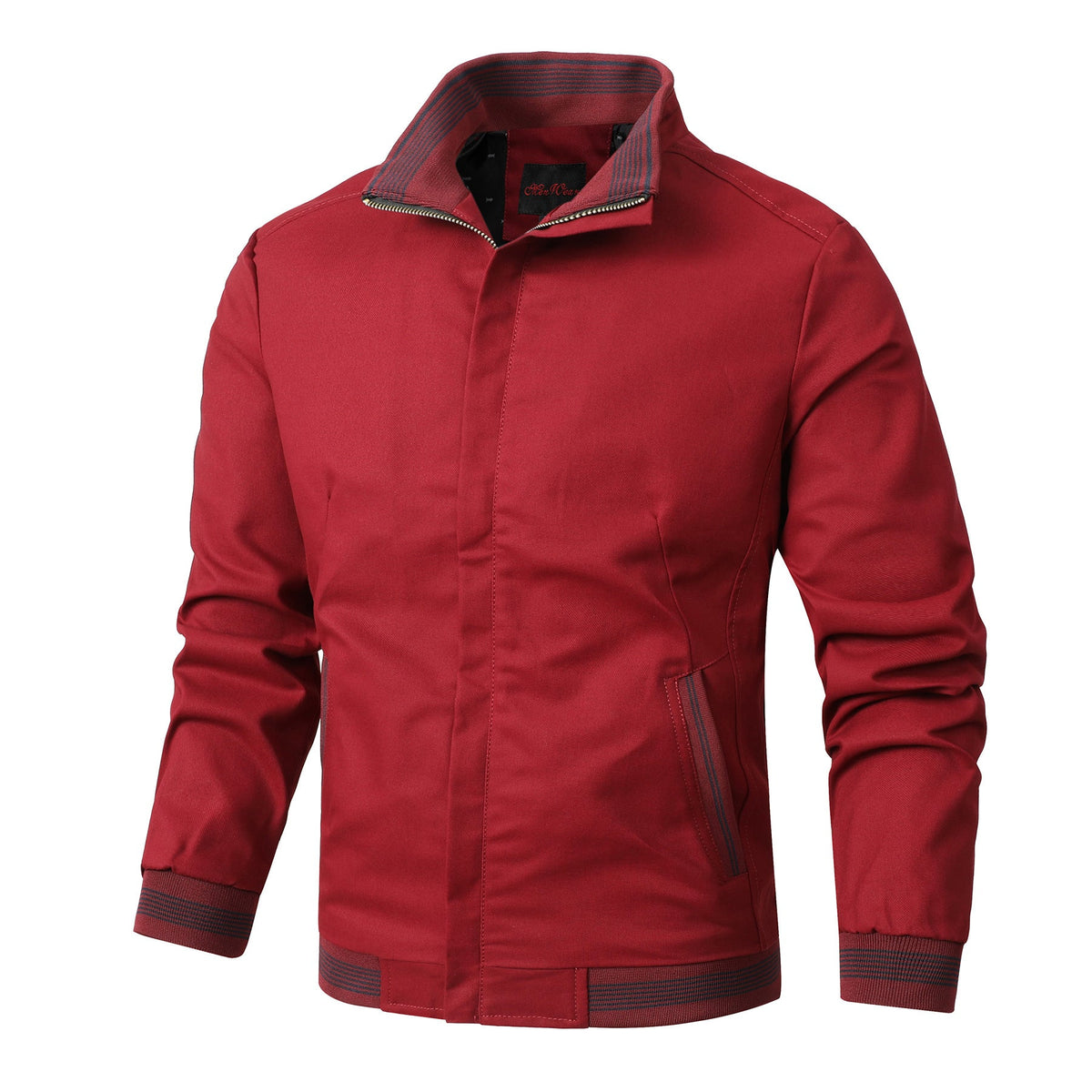 Men's cotton jacket with a stand collar and striped trims - red
