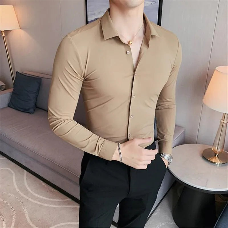 Men's slim fit stretch dress shirt with a point collar - camel