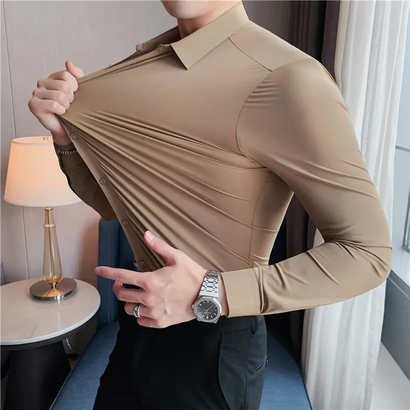 Men's slim fit stretch dress shirt with a point collar - view 2