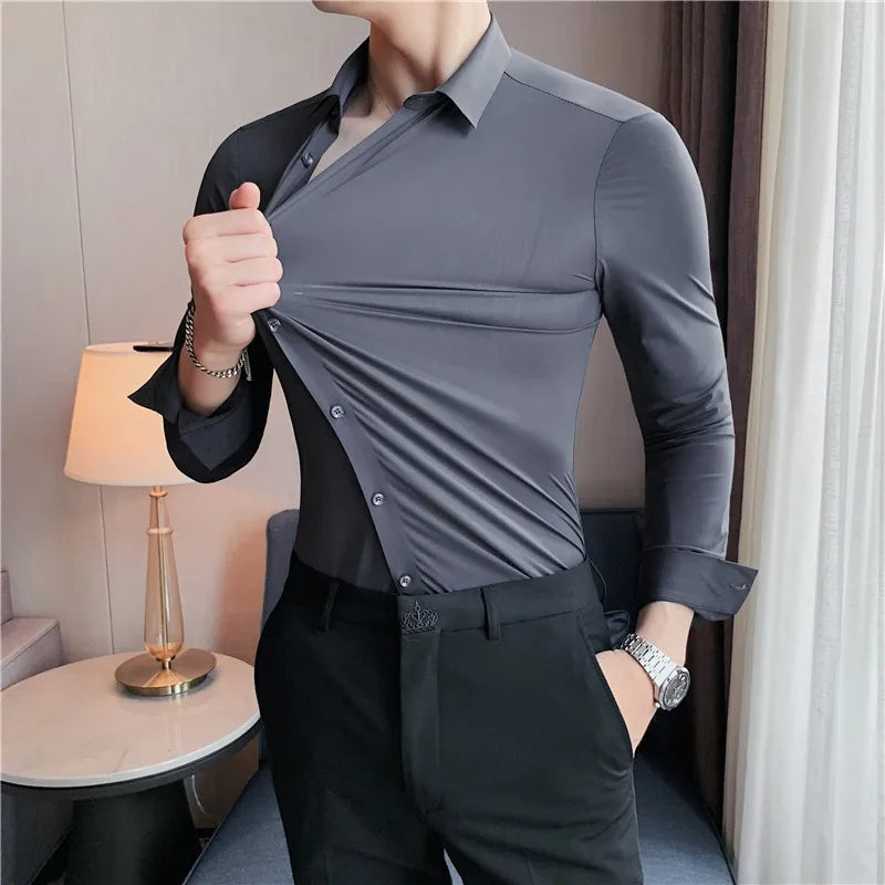 Men's slim fit stretch dress shirt with a point collar - charcoal