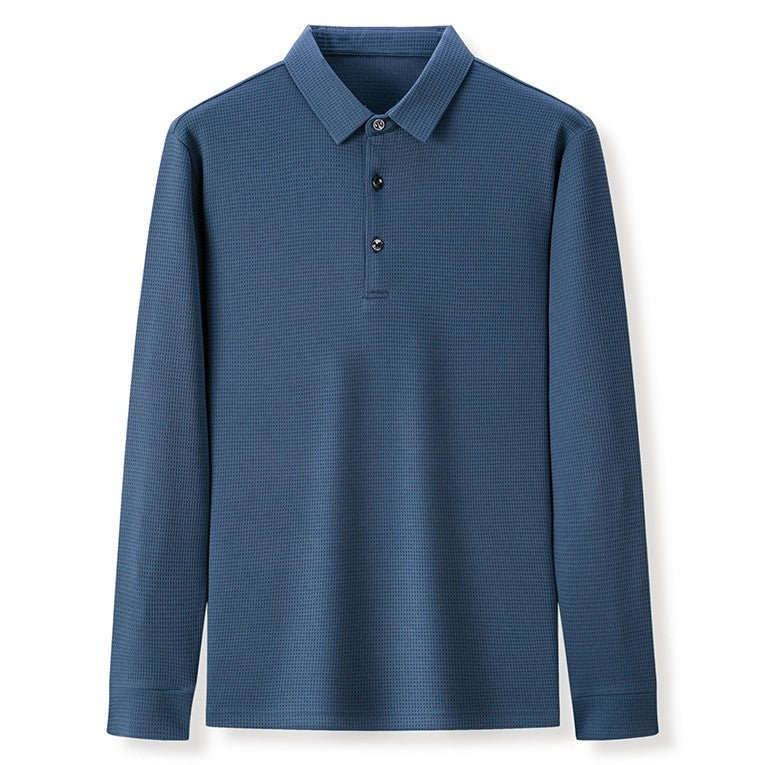 Men's crease-resistant long sleeve polo with a polo collar and a fine waffle texture - view 2