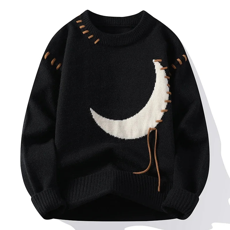 Men's crescent moon jumper with a laced cord detail - black