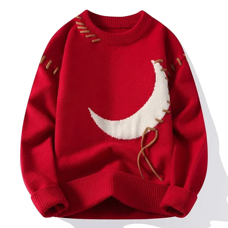 Men's crescent moon jumper with a laced cord detail - red